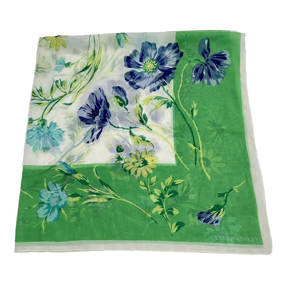 LAURA ASHLEY Scarf Chiffon Blue Green Yellow Flowers Floral Made Italy 33” X 33” - Picture 2 of 8